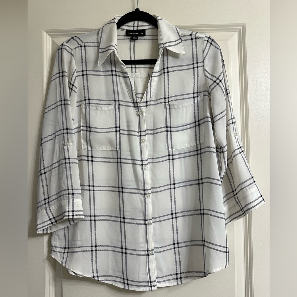 White Plaid Button-Up Blouse